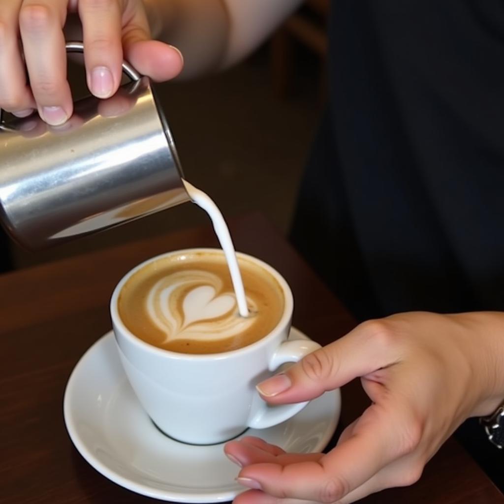 Beginner pouring milk in a latte art class in Denver