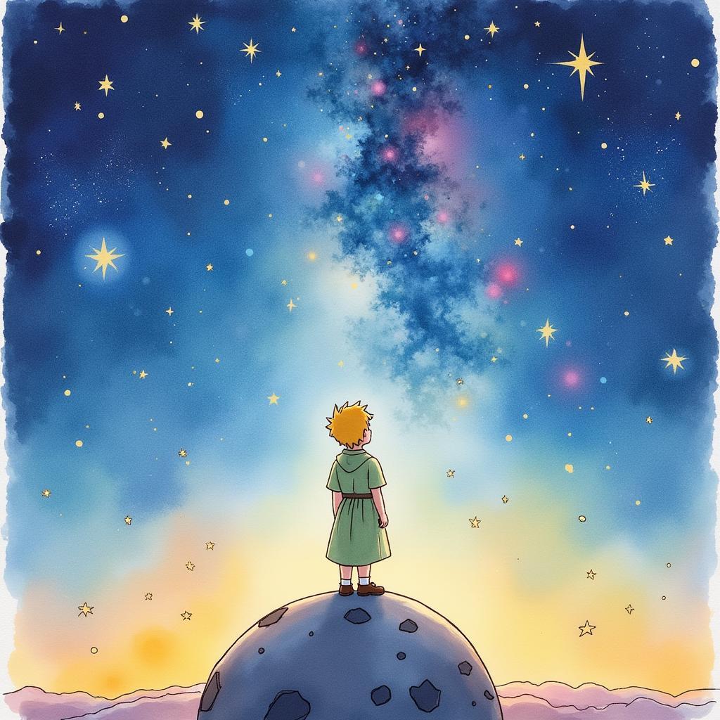 Watercolor Painting of the Little Prince Looking at the Stars