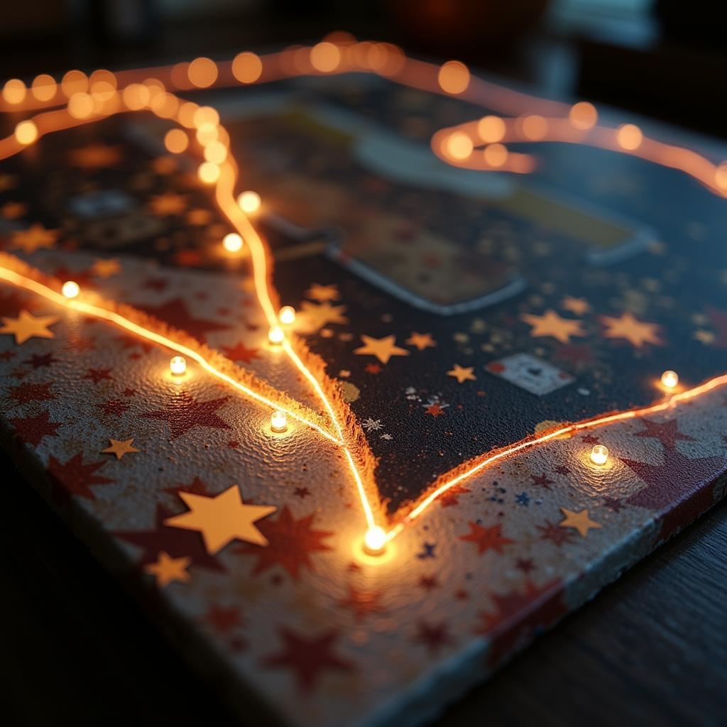 Close-up view of a lighted canvas artwork showing the embedded LED lights and the texture of the canvas.