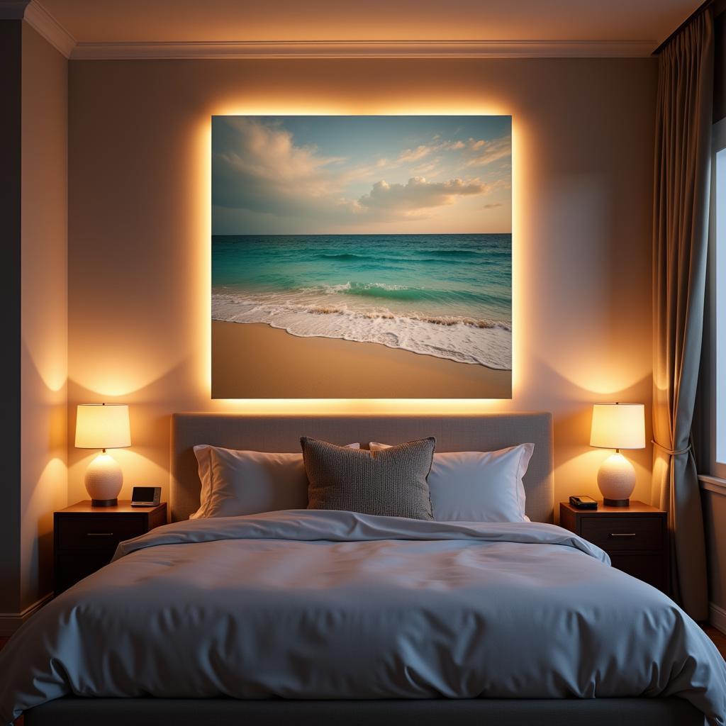 Lighted canvas wall art above a bed, creating a relaxing atmosphere in a bedroom.