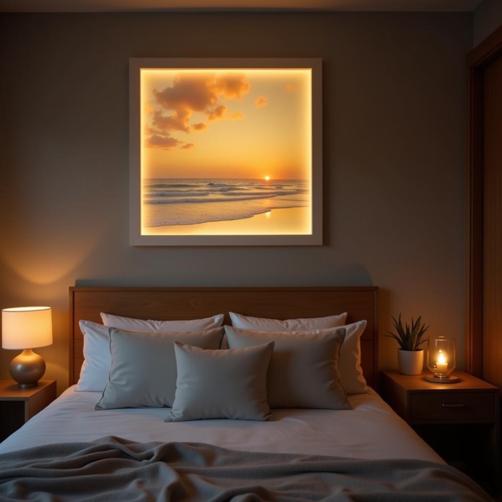 Lighted framed art creating a relaxing ambiance in a bedroom, emphasizing soft lighting.