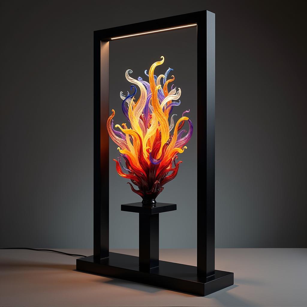 Lighted stand showcasing vibrant glass art