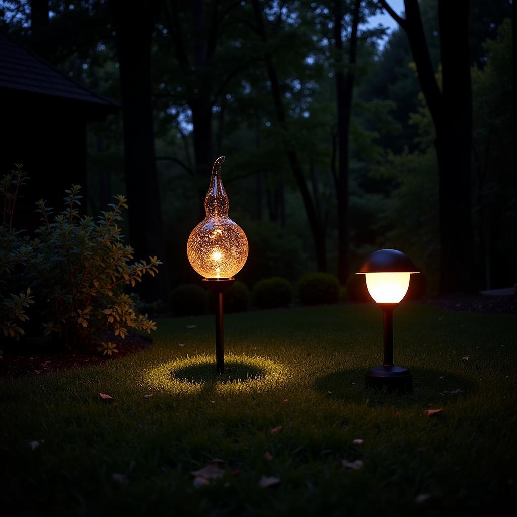 Illuminated glass sculpture in a night garden setting