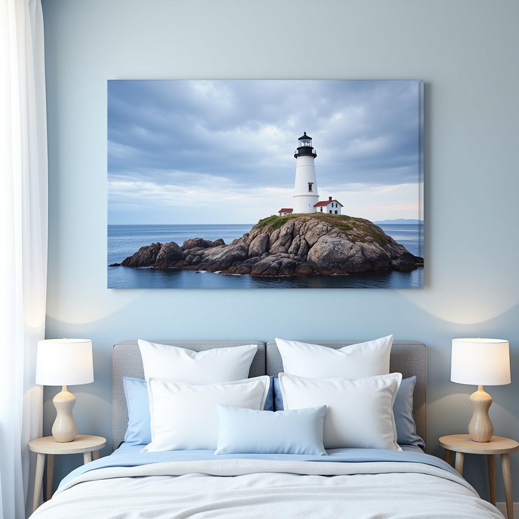 Lighthouse Canvas Art in a Serene Bedroom Setting