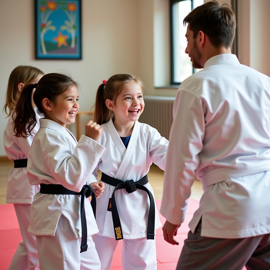 Children practicing martial arts in a Little Tigers class