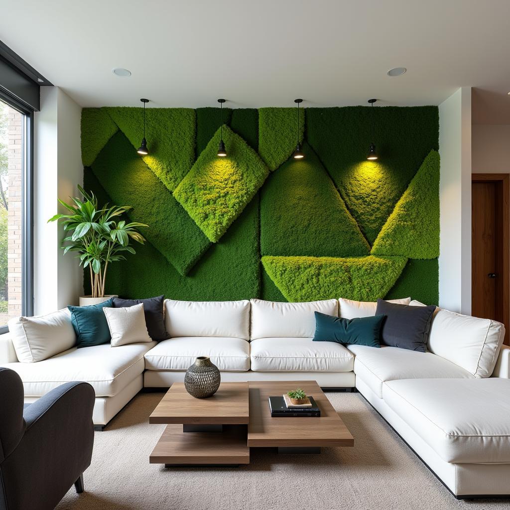 Living moss wall art adds a natural touch to a modern living room.