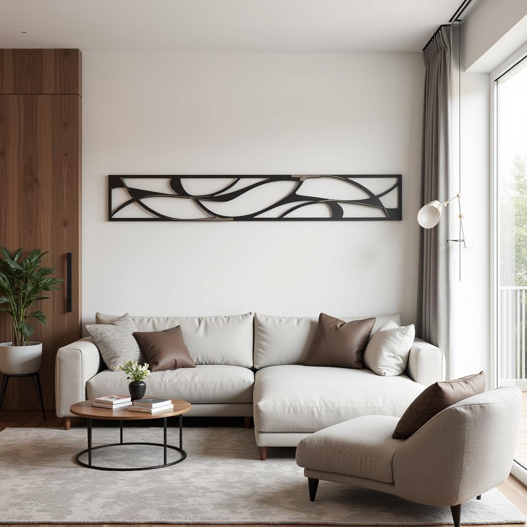 Long metal wall art adds an industrial chic touch to a modern living room.