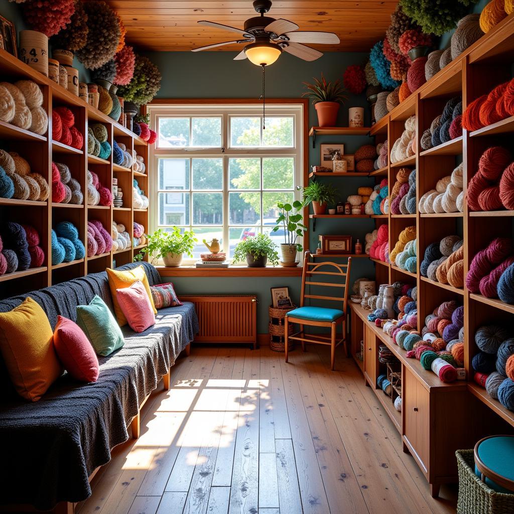 A cozy and inviting interior of a lost art yarn shop, filled with colorful yarn skeins and crafting supplies.