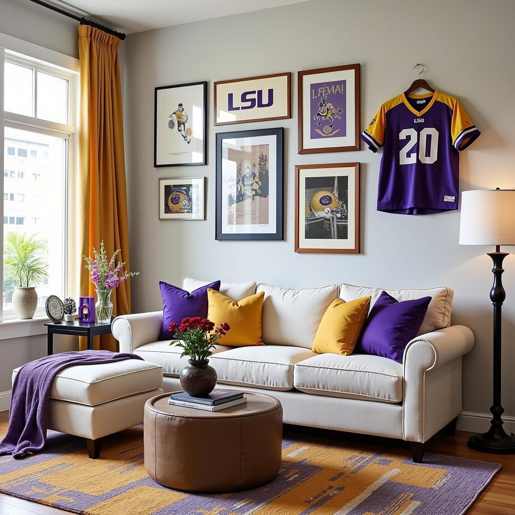 LSU Themed Living Room with Gallery Wall