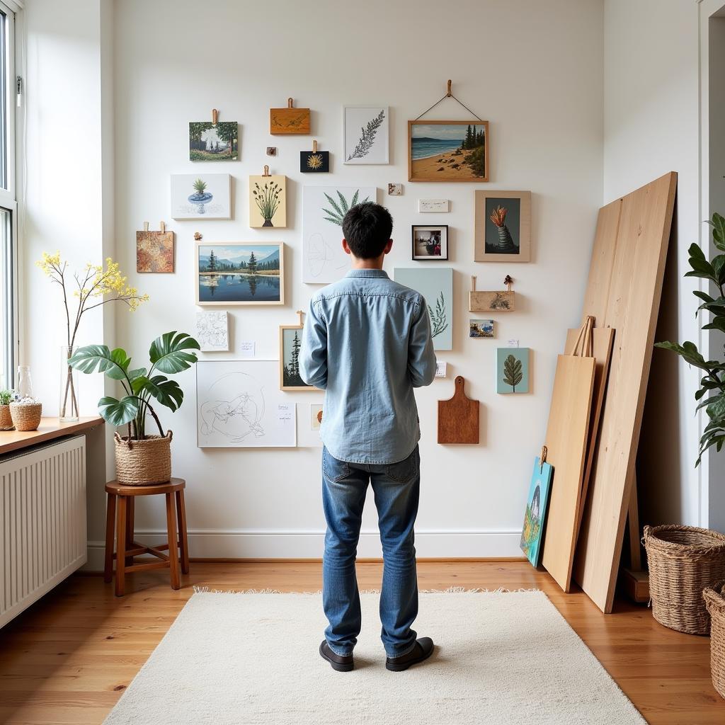 Artist's home studio with magnetic art display wall