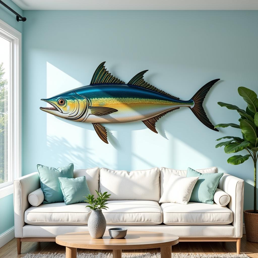 Mahi Mahi Metal Wall Art in a Coastal Living Room