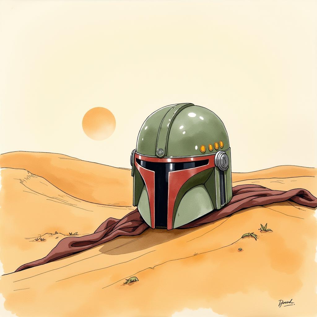 Watercolor painting of a Mandalorian helmet against a desert backdrop