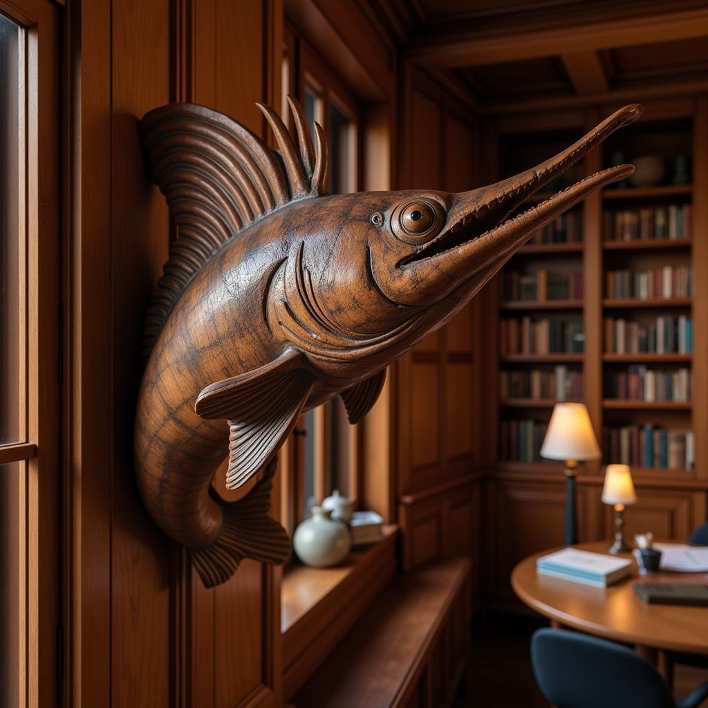 Intricate Marlin Wood Carving in a Study