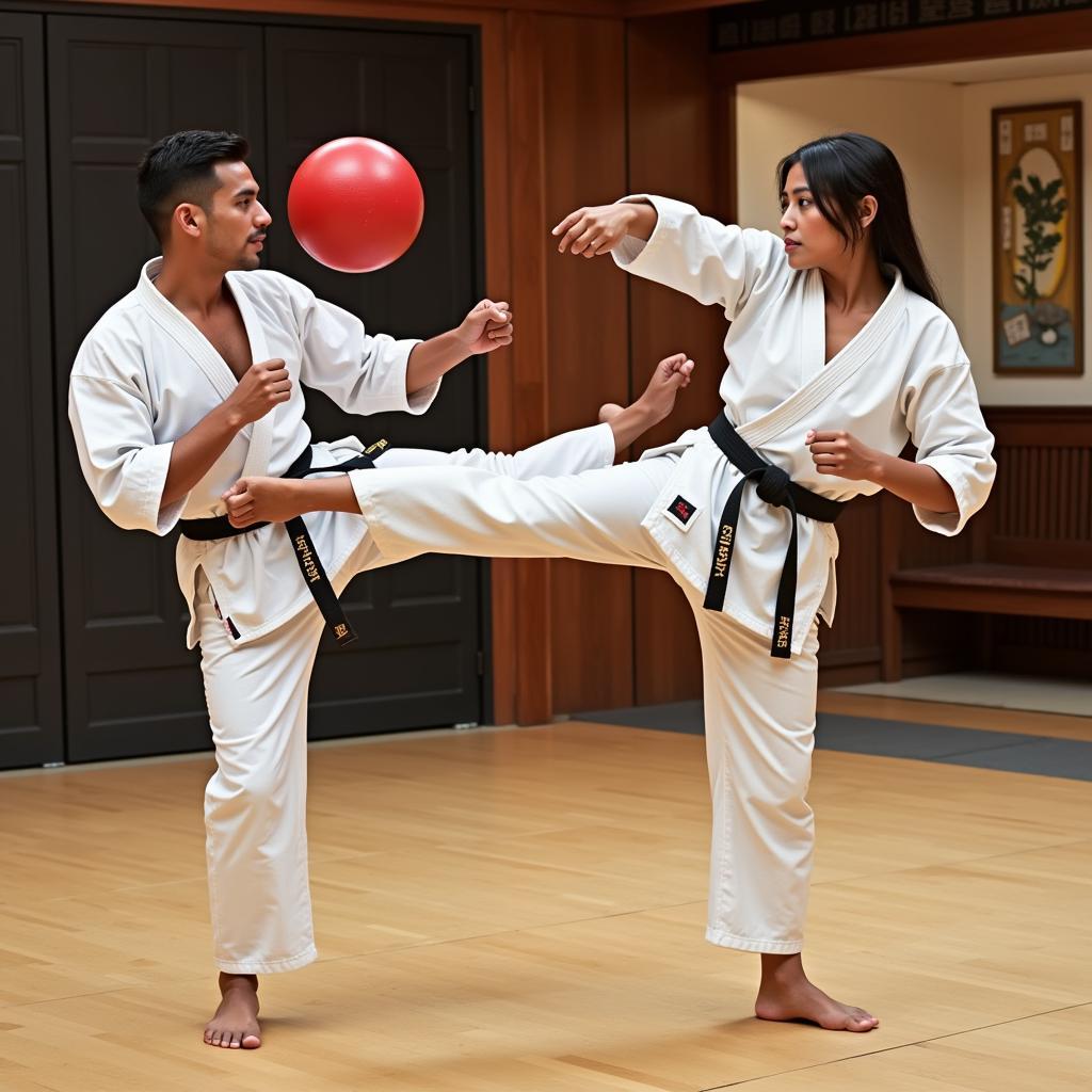 Martial artist practicing roundhouse kick with trainer in dojo