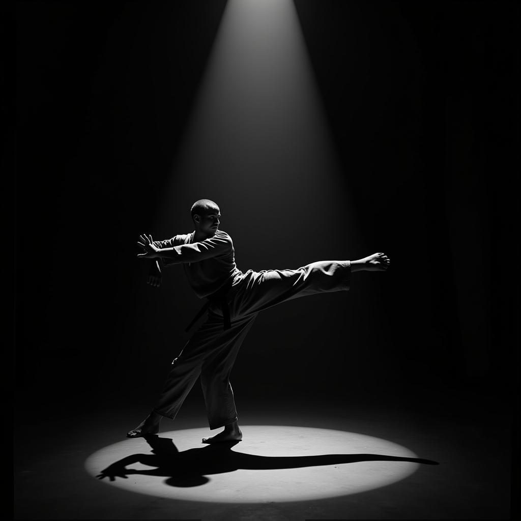 Martial artist performing kata in a spotlight