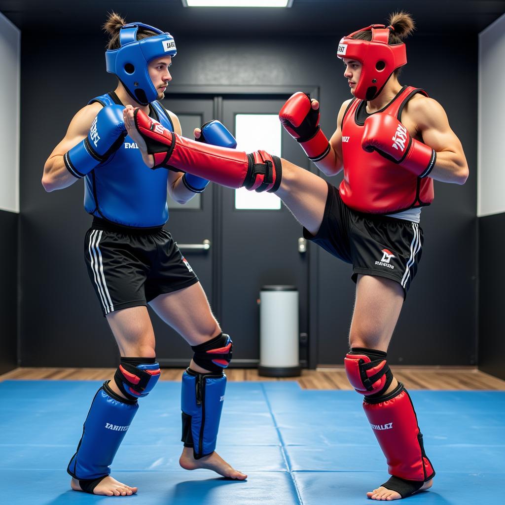 Two martial artists practicing combination kicking drills with pads