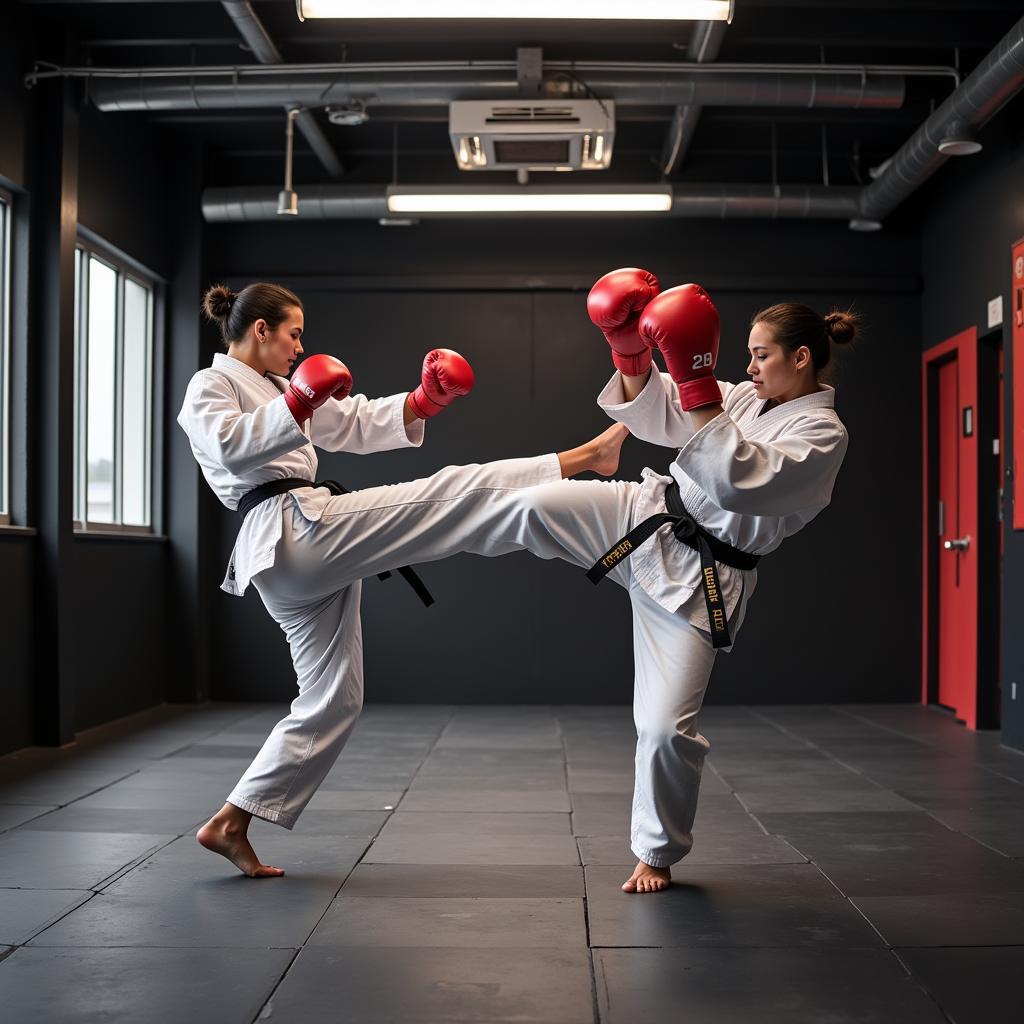 Martial arts practitioners training with kicking shields