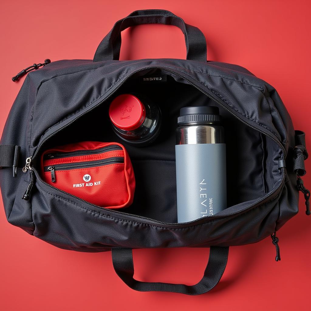 Martial arts training accessories: bag, water bottle, and first aid kit