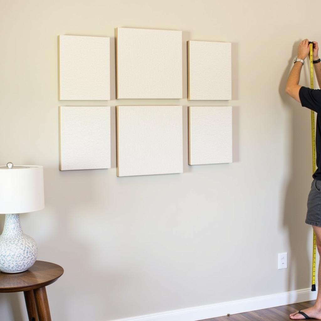 Measuring a wall to determine the appropriate size for four-piece canvas wall art.