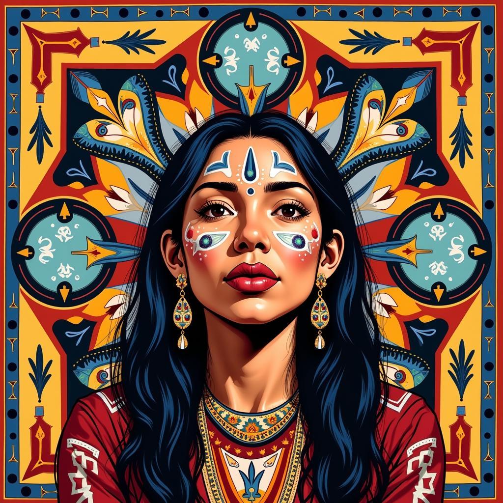 Melanie Yazzie Navajo Print: A vibrant artwork showcasing a strong female figure adorned with traditional Diné patterns.