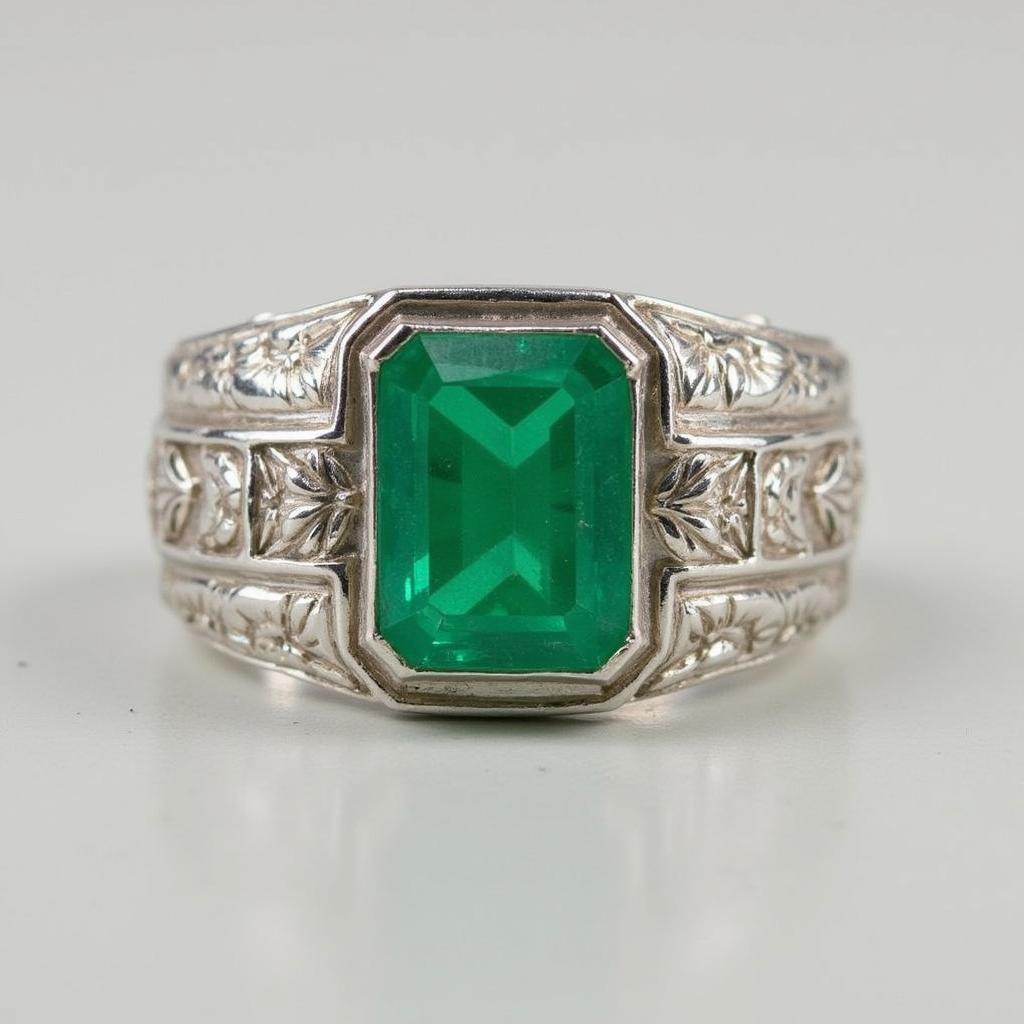 Men's Art Deco White Gold Ring with Emerald and Engravings