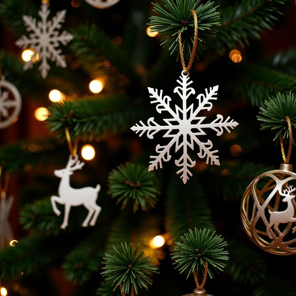 Intricate metal Christmas tree ornaments depicting snowflakes, reindeer, and stars, hanging on a festively decorated tree.