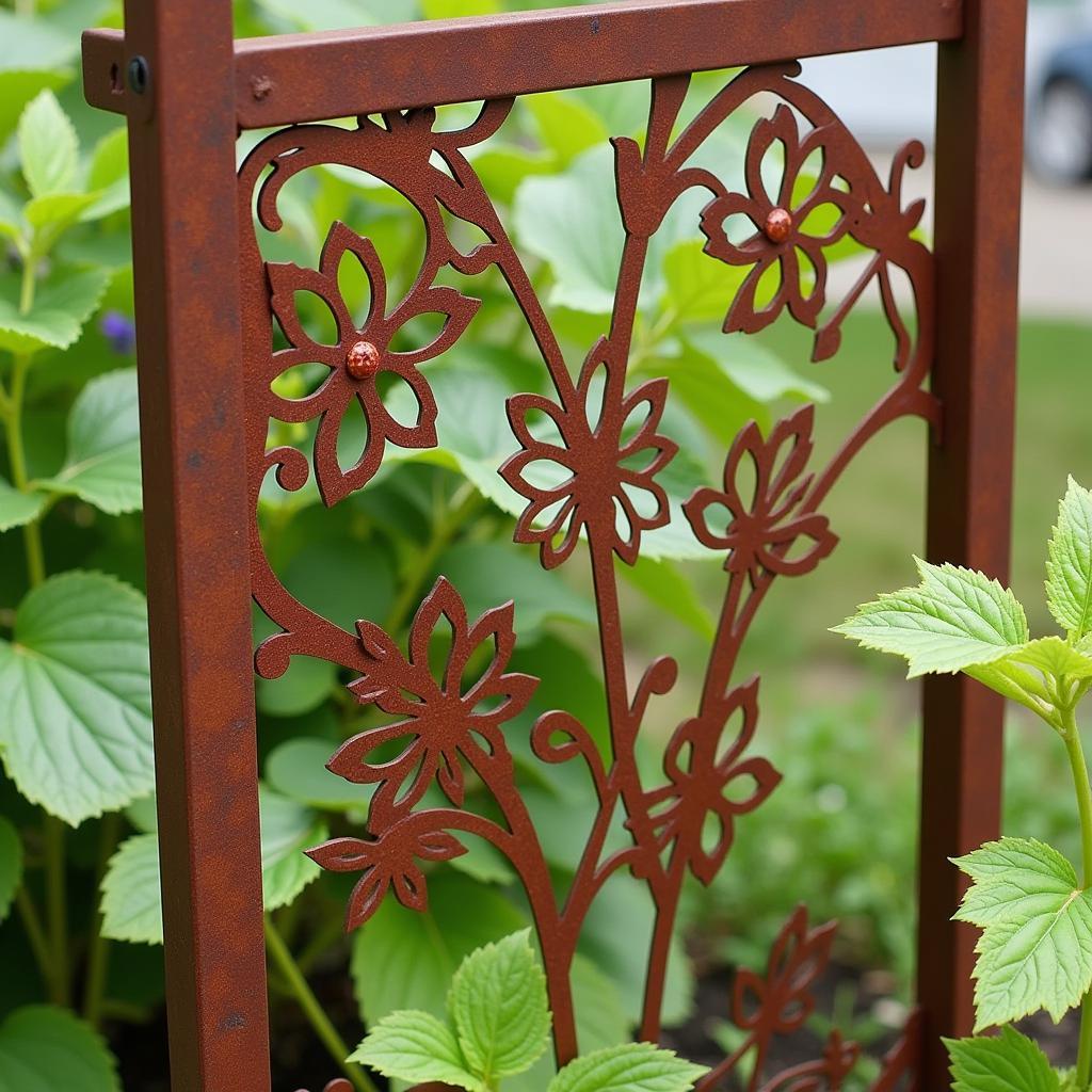 Metal art cutout used as a garden trellis