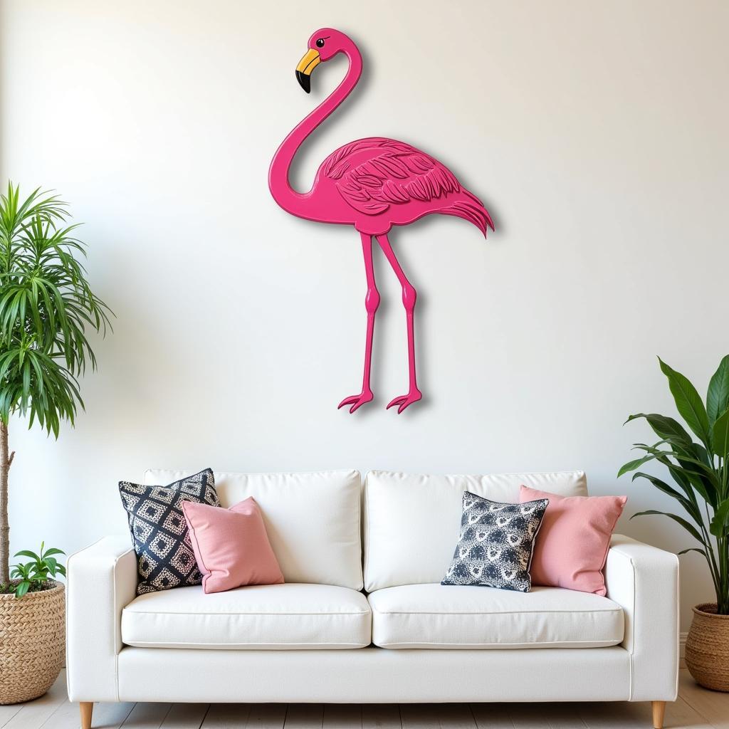 Metal Flamingo Wall Art in a Living Room