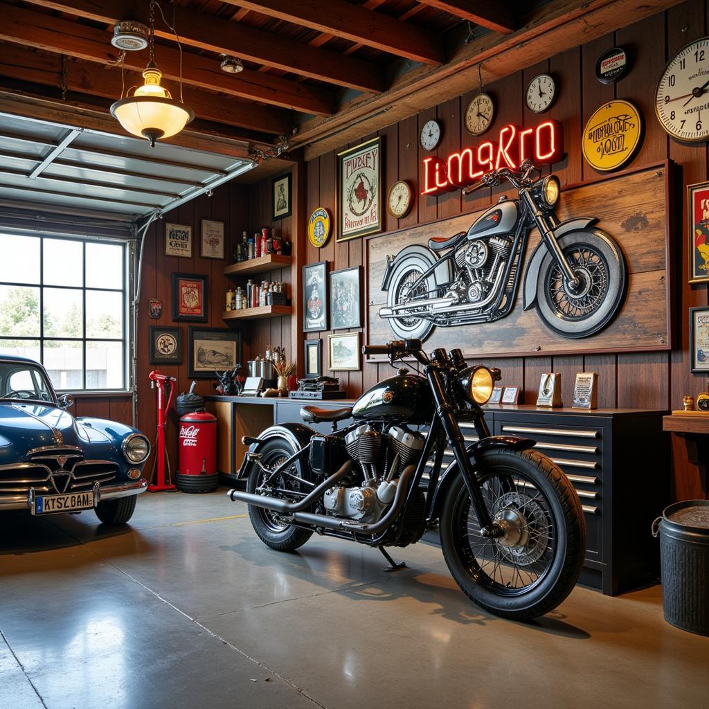 Metal Motorcycle Wall Art in Garage Setting