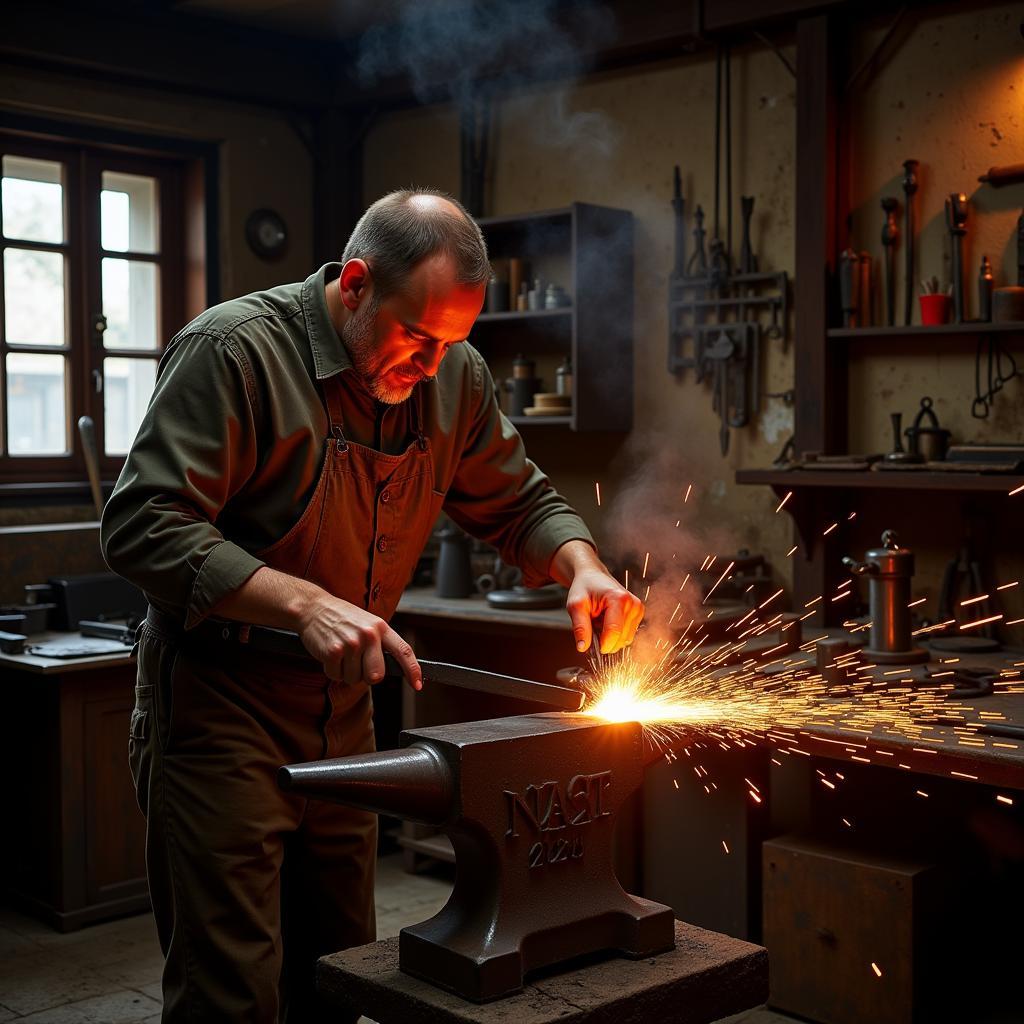 Metal Name Art Creation Process: A blacksmith meticulously hand-forges a personalized name sign from steel, showcasing the intricate details and craftsmanship involved.