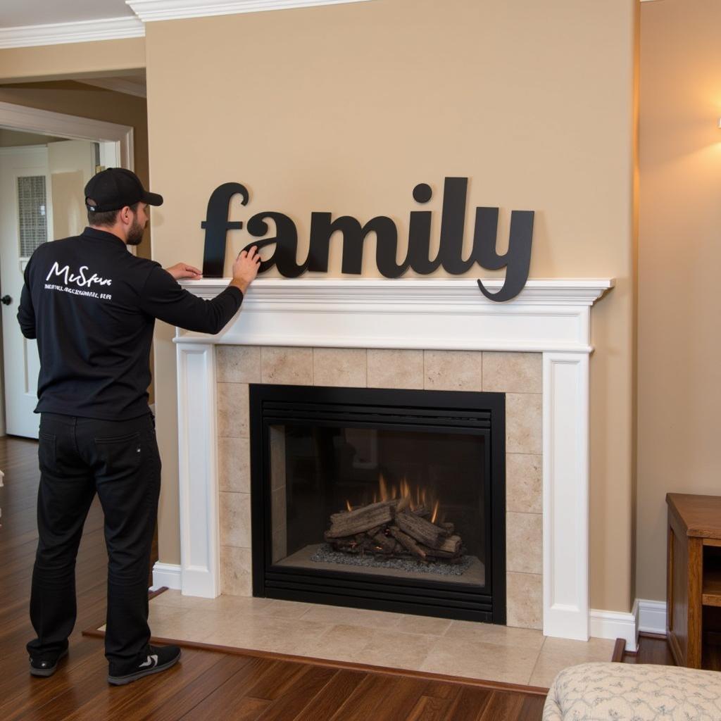 Metal Name Art Installation: A beautifully crafted metal name sign is being installed above a fireplace mantel, demonstrating its impact as a focal point in a living room.