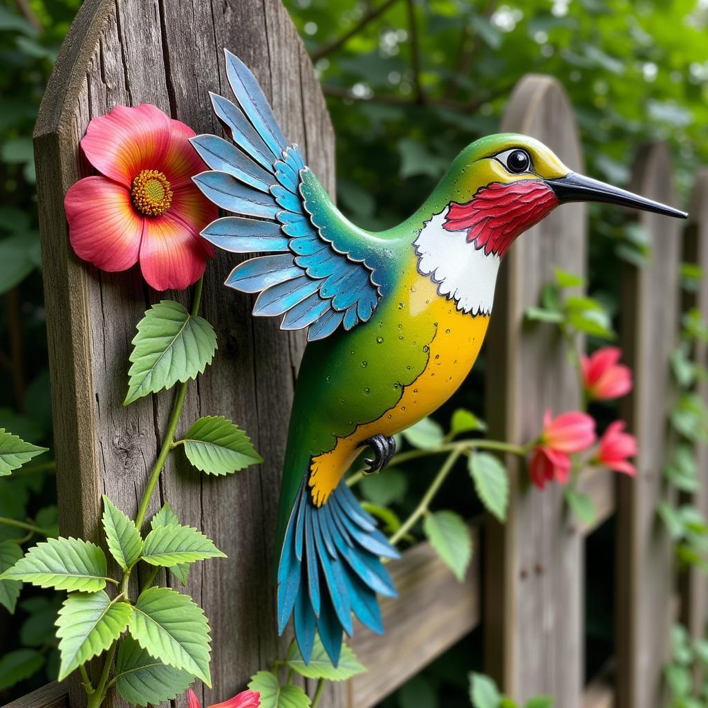 Metal outdoor garden wall art sculpture depicting a hummingbird among flowers