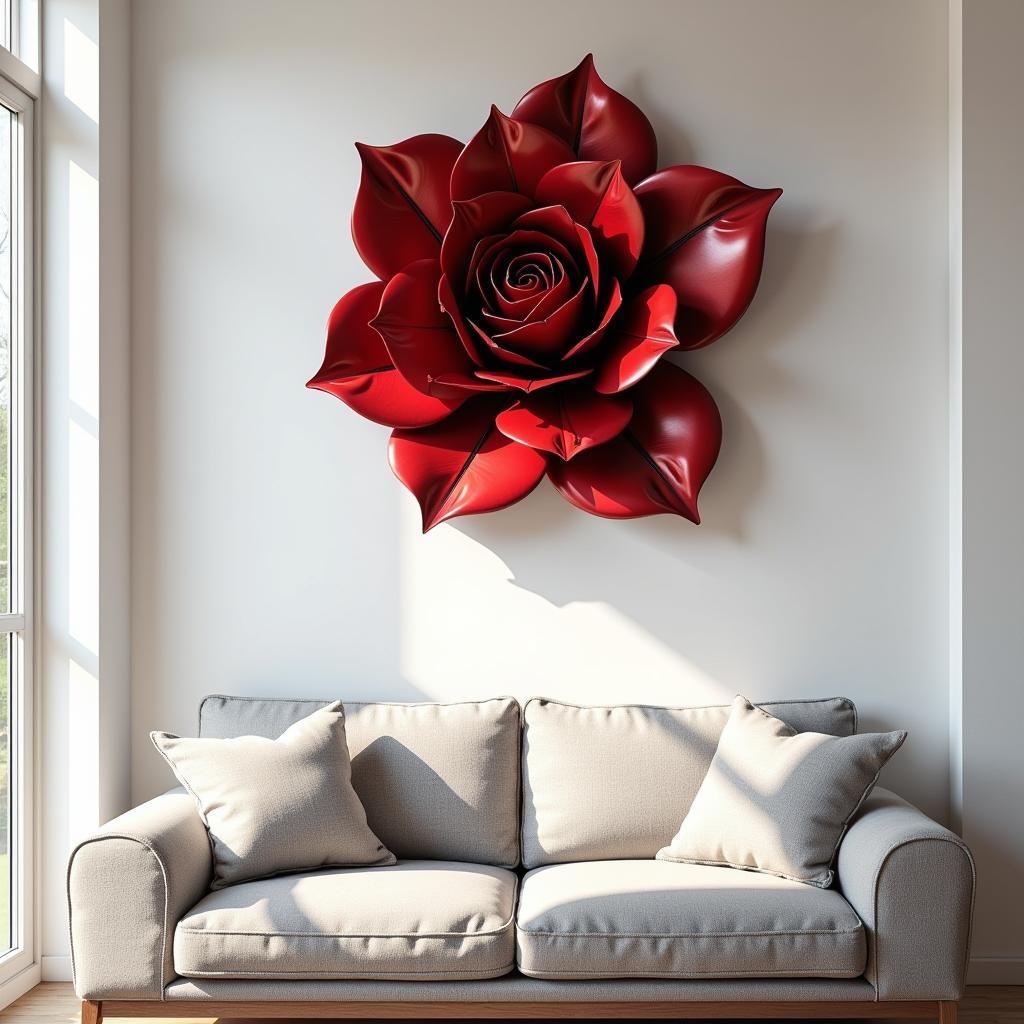 Metal rose wall art adds a touch of elegance to a modern living room