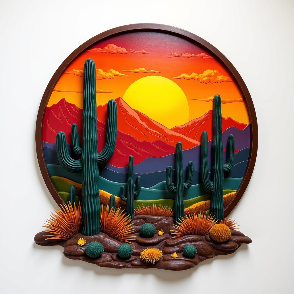 Metal Southwestern Wall Art Depicting a Desert Scene with Cacti and Mountains