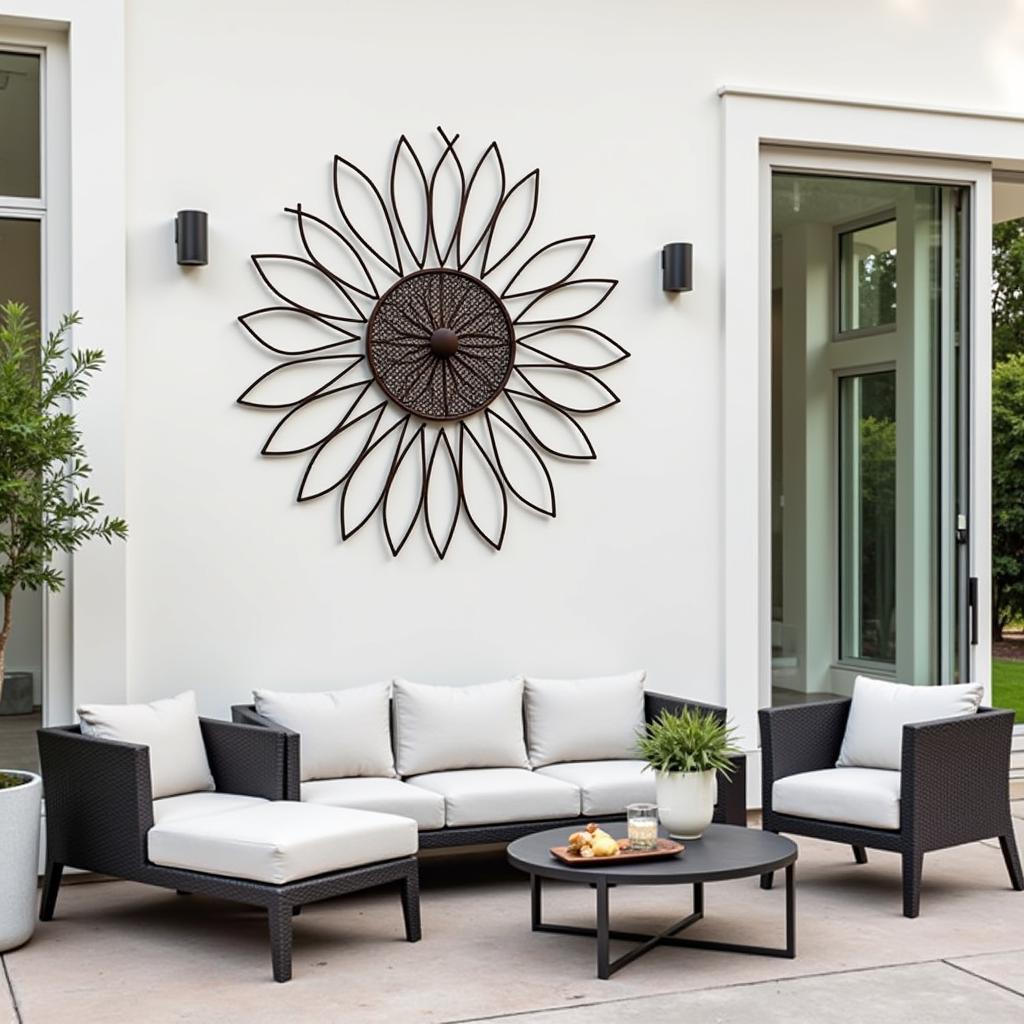 Metal Sunflower Wall Art on a Modern Patio