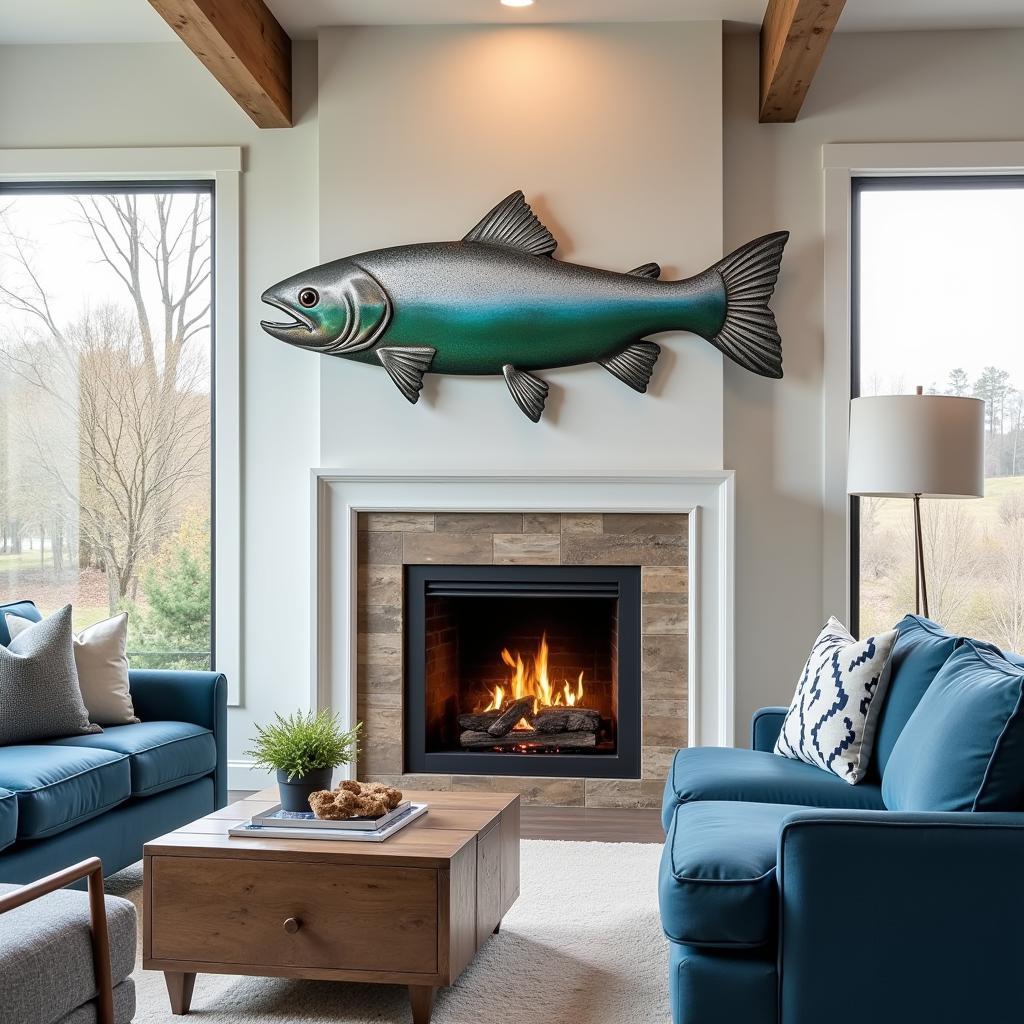 Modern Living Room with Metal Trout Wall Art