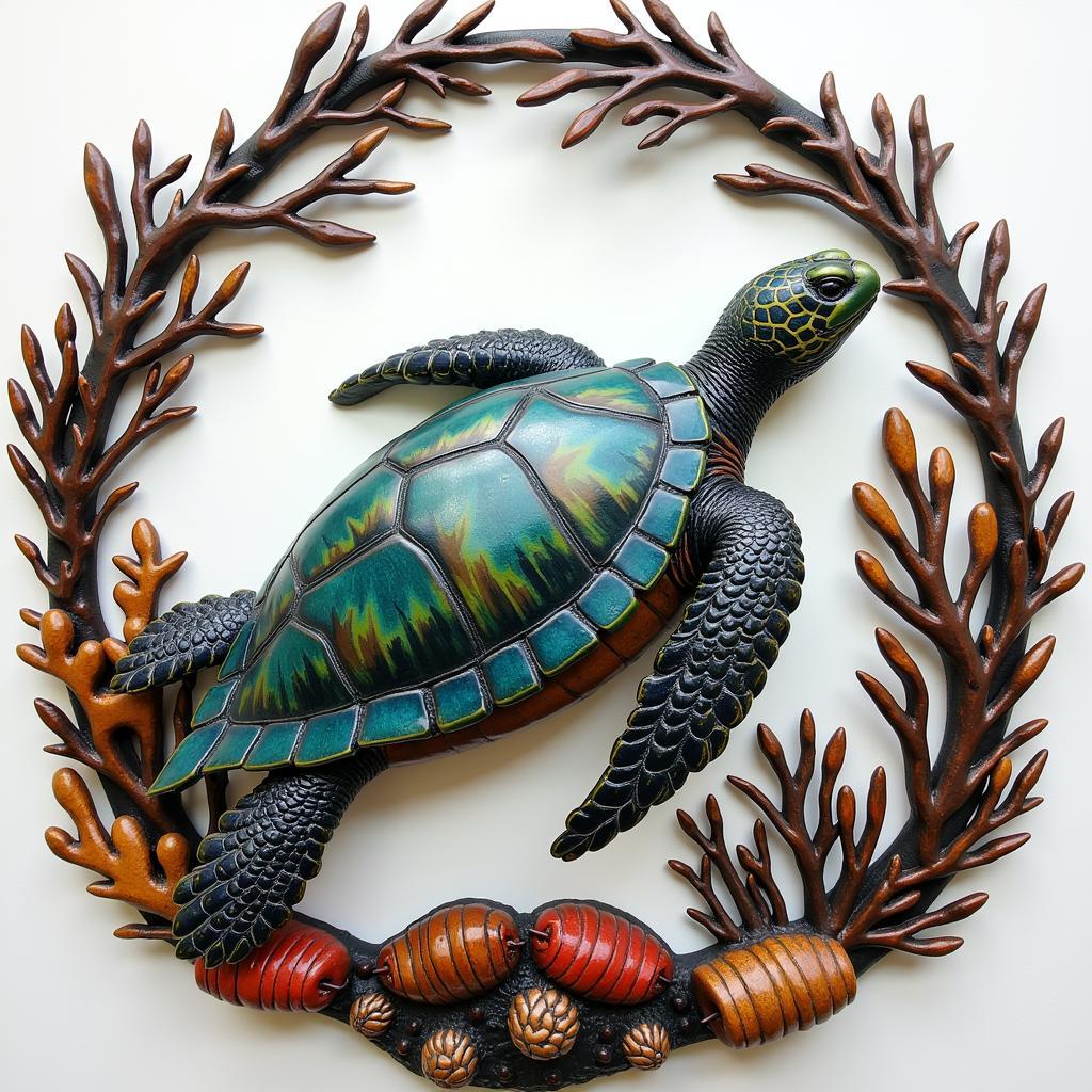 Metal Wall Art Beach: Sea Turtle Swimming in Coral Reef