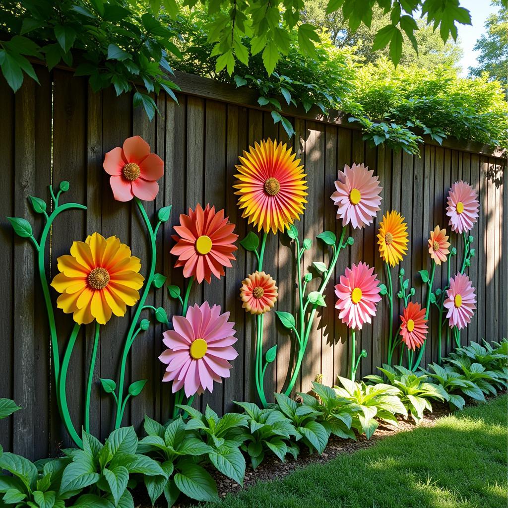 Metal wall art installed in a garden setting