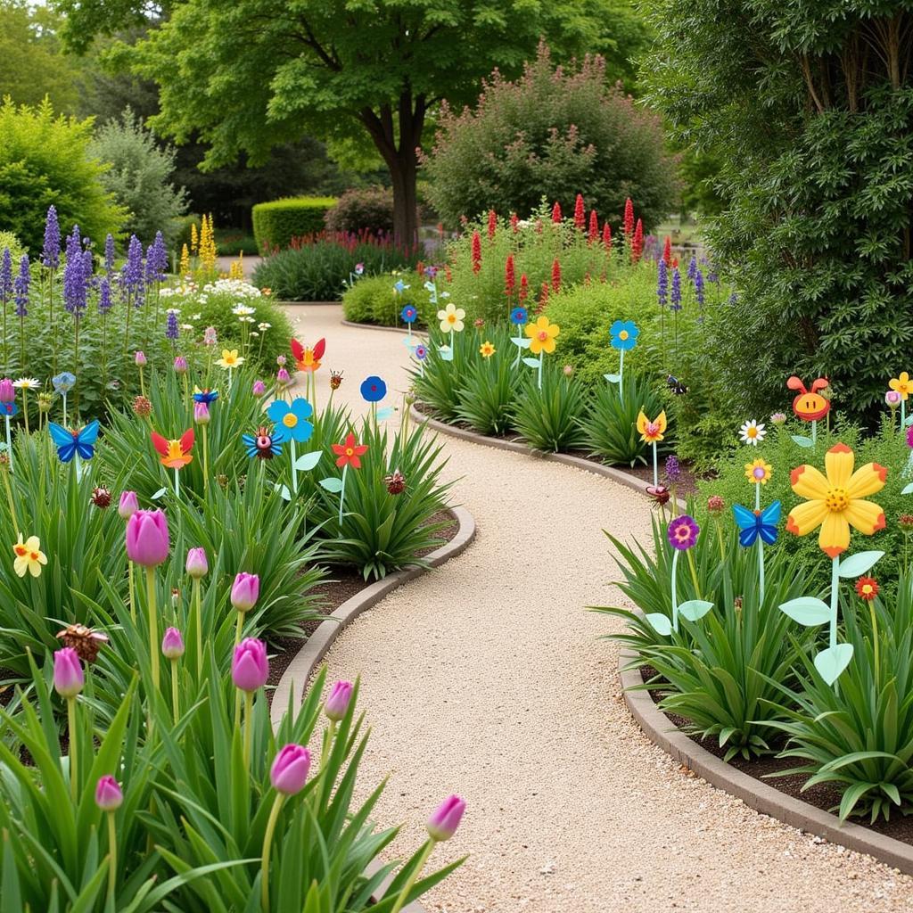 Metal Wall Art Along a Garden Path