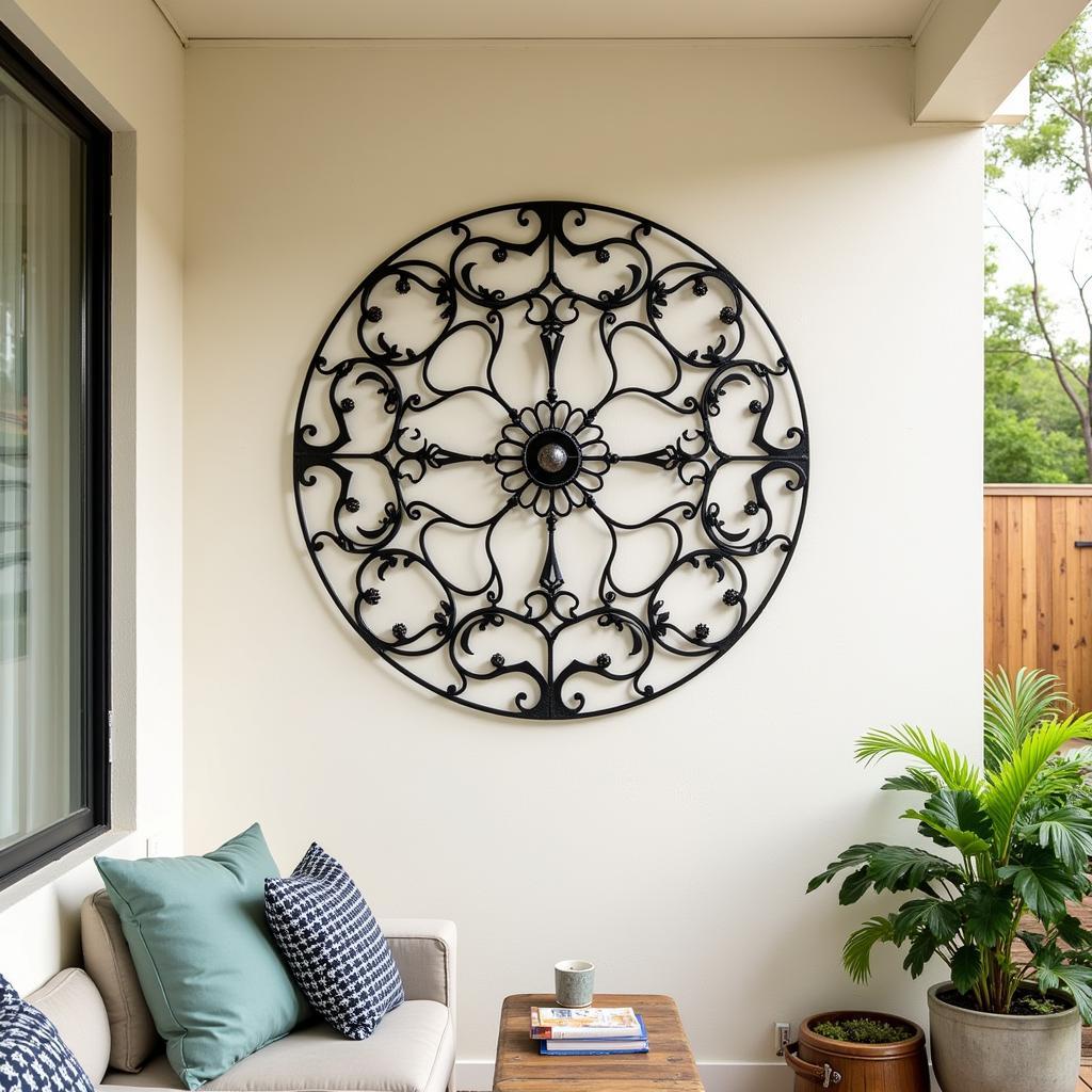 Intricate Metal Wall Art on a Patio