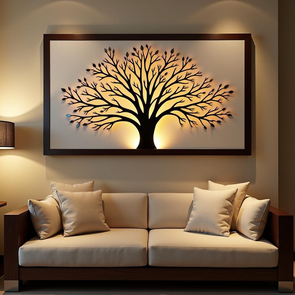 Metal wall art with integrated LED backlighting illuminating a modern living room