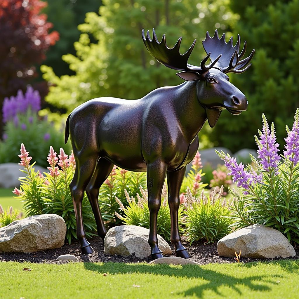 Metal Yard Art Moose in a Garden Setting