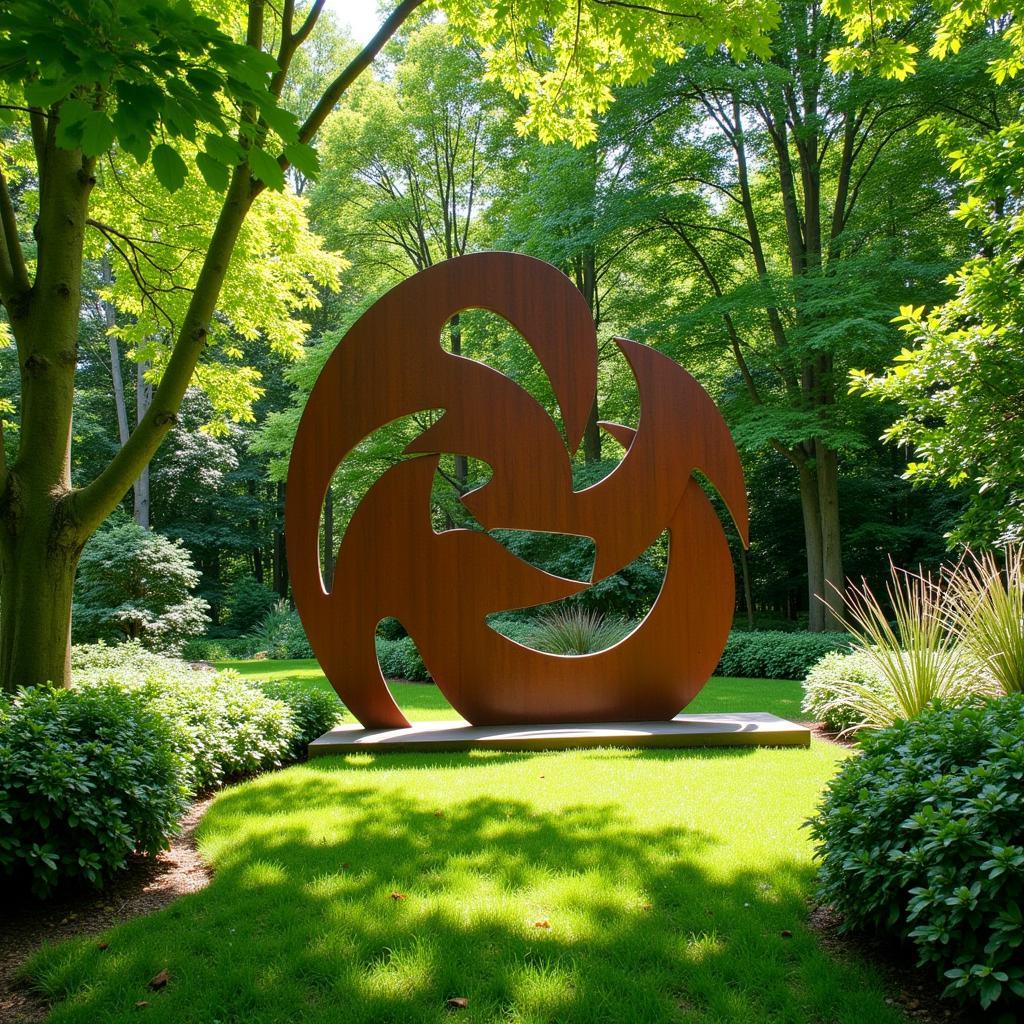 Modern Metal Yard Art Sculpture in a Lush Green Garden