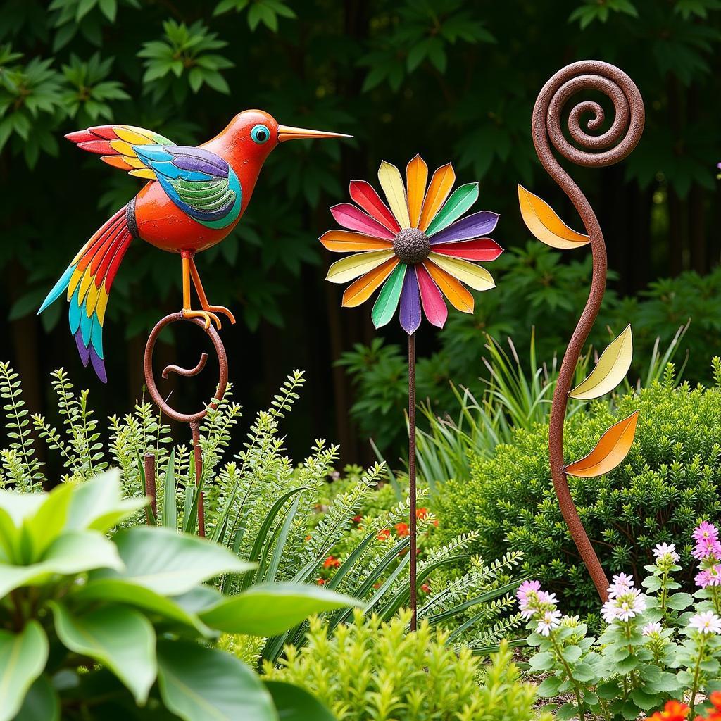 Metal Yard Art Sculptures in a Garden