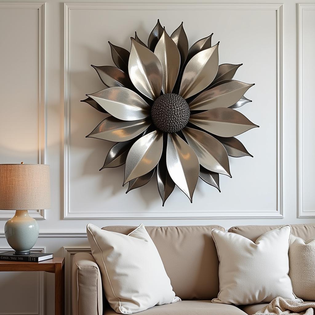 Metallic abstract floral sculpture wall art in a modern living room