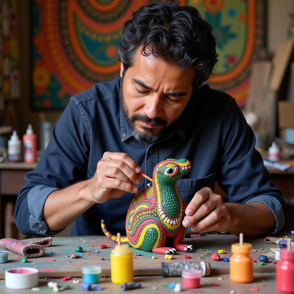 Pedro Linares crafting alebrijes in his workshop