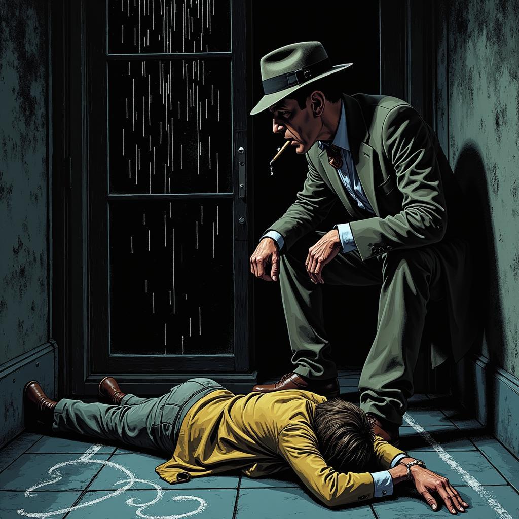 Gritty detective investigating a crime scene in Mexican pulp art style