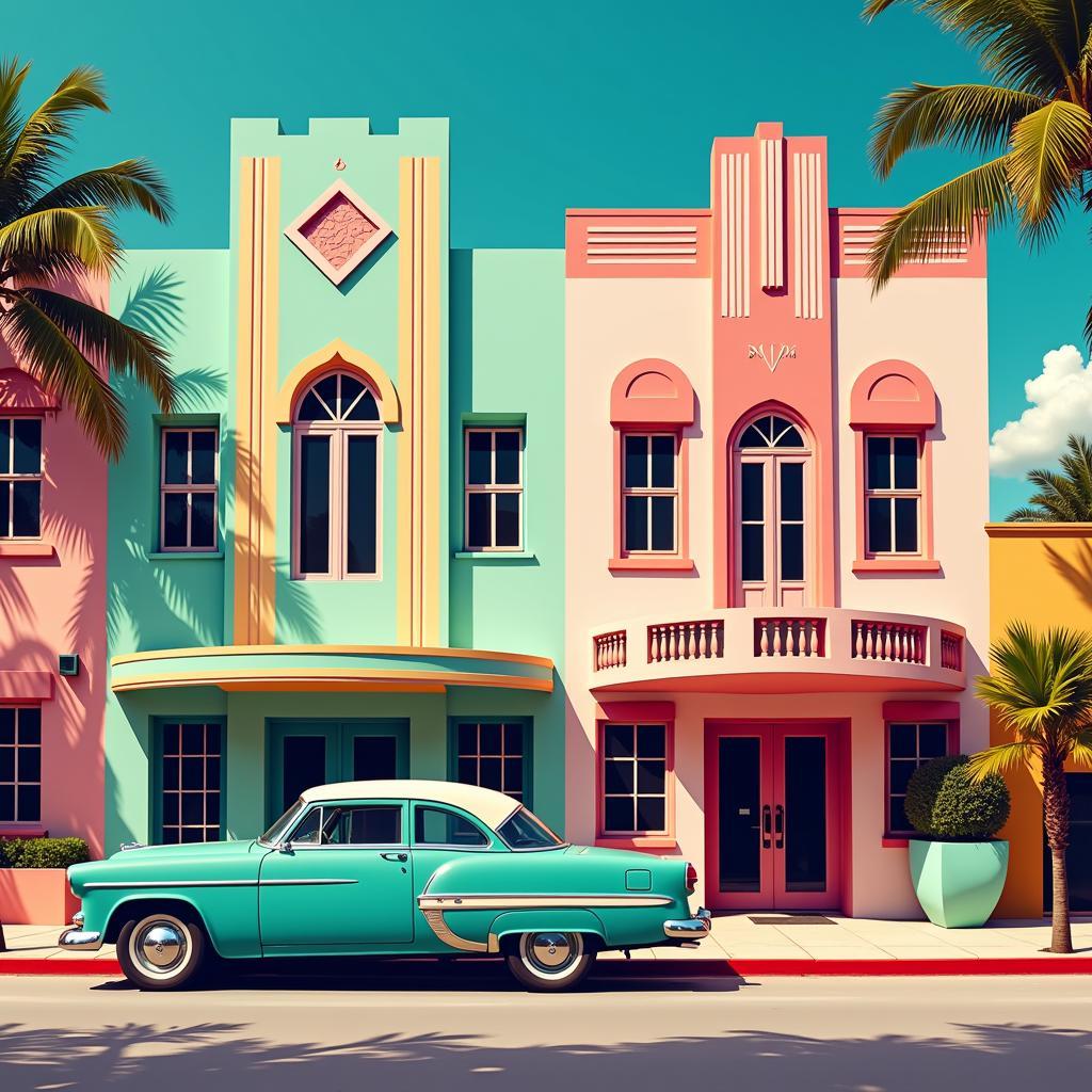 Miami Pop Art Depicting Stylized Art Deco Buildings in Vibrant Colors