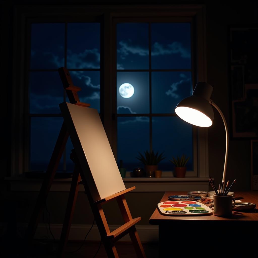 Midnight Art Studio: A creative space bathed in the soft glow of moonlight, inspiring nocturnal artistic expression.