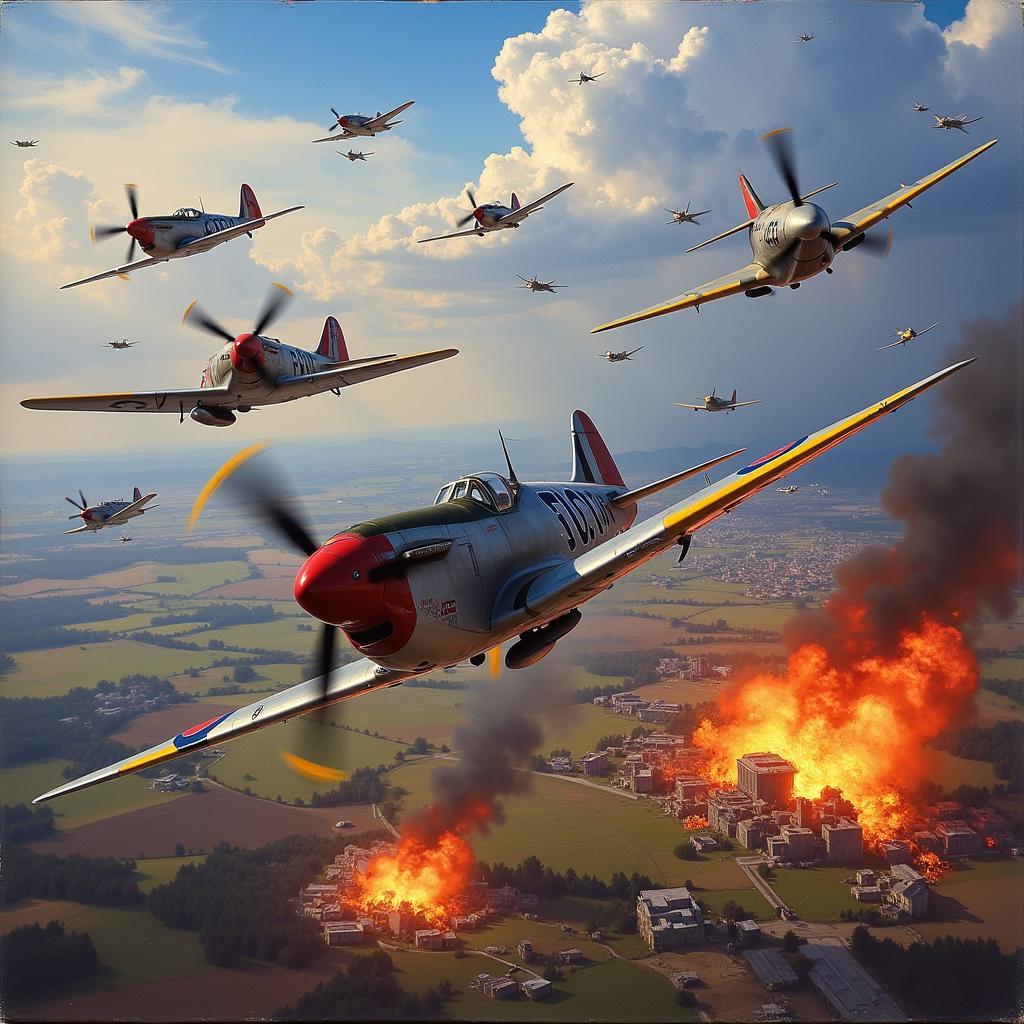 WWII fighter planes soaring over a battlefield on a military art canvas